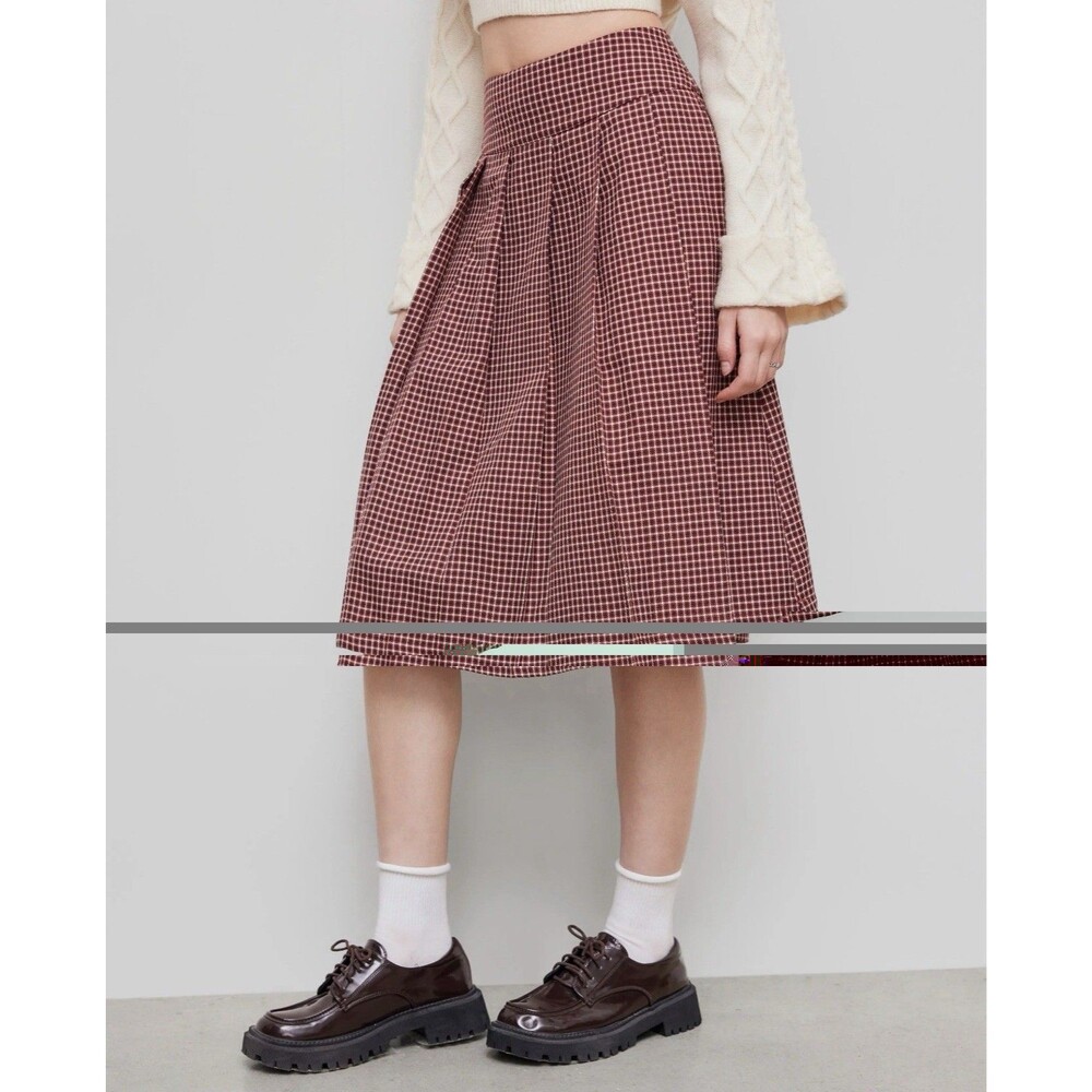 Cider Wine Red Burgundy Cream Checkered Preppy Pleated Mid Skirt Size Medium